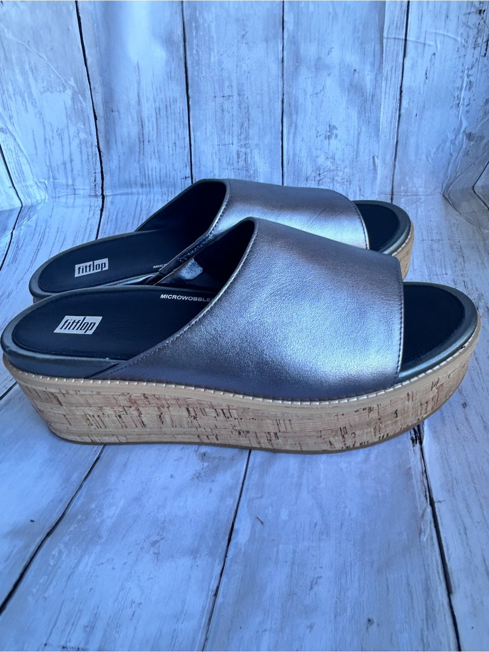 Fitflop Metallic Pewter Cork-Platform Slide Sandals